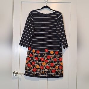Lands' End Floral Embroidered Shift Midi Dress 3/4 Sleeves Cotton Stretch Sz 12